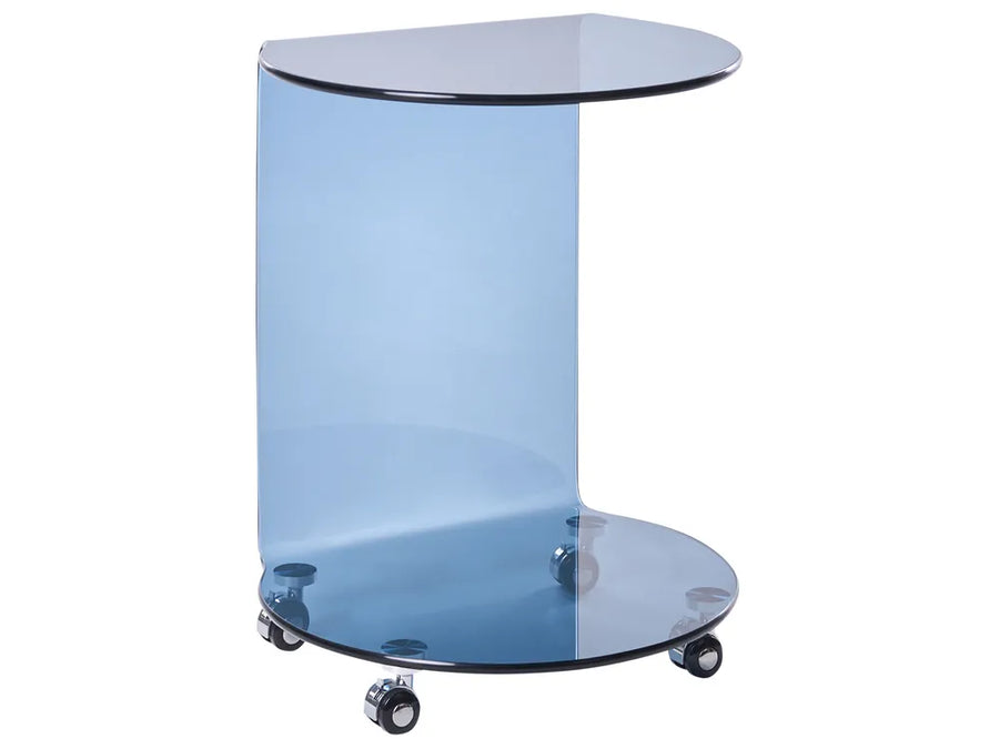 Glass side table with wheels on a white background