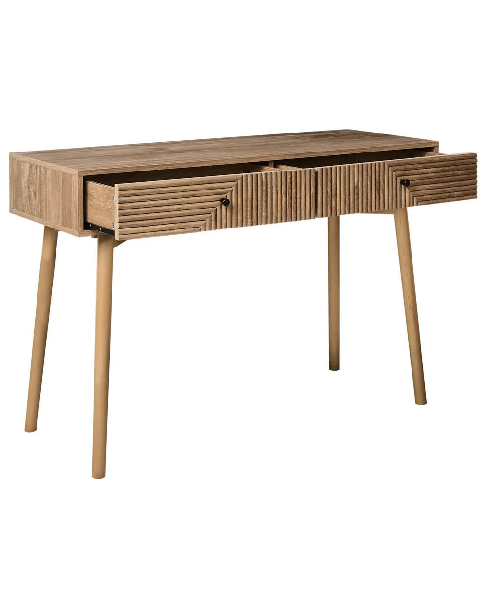Wooden desk with two drawers on a white background