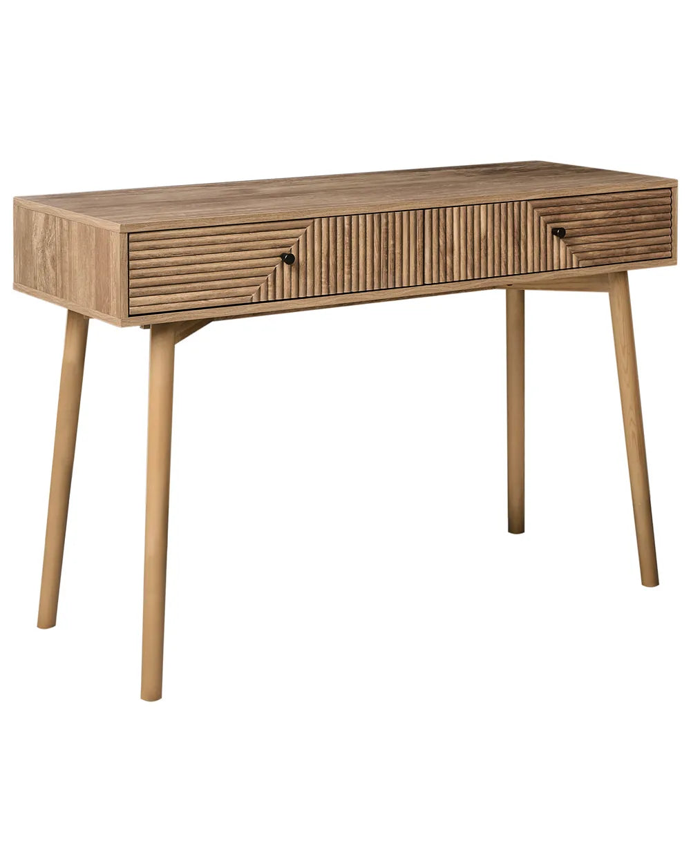 Wooden desk with a single drawer on a white background