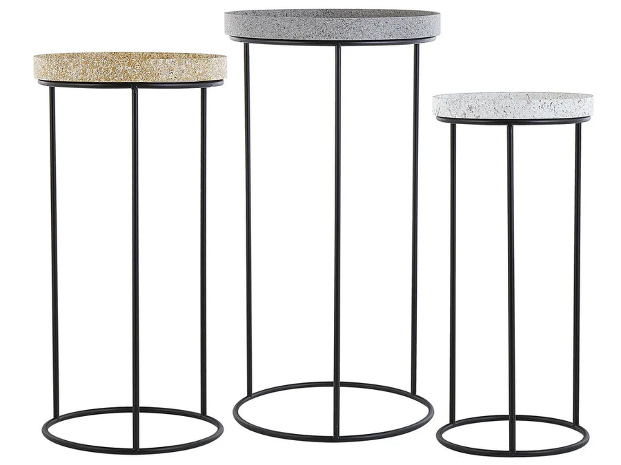 Three small round tables with concrete tops and black metal frames on a white background