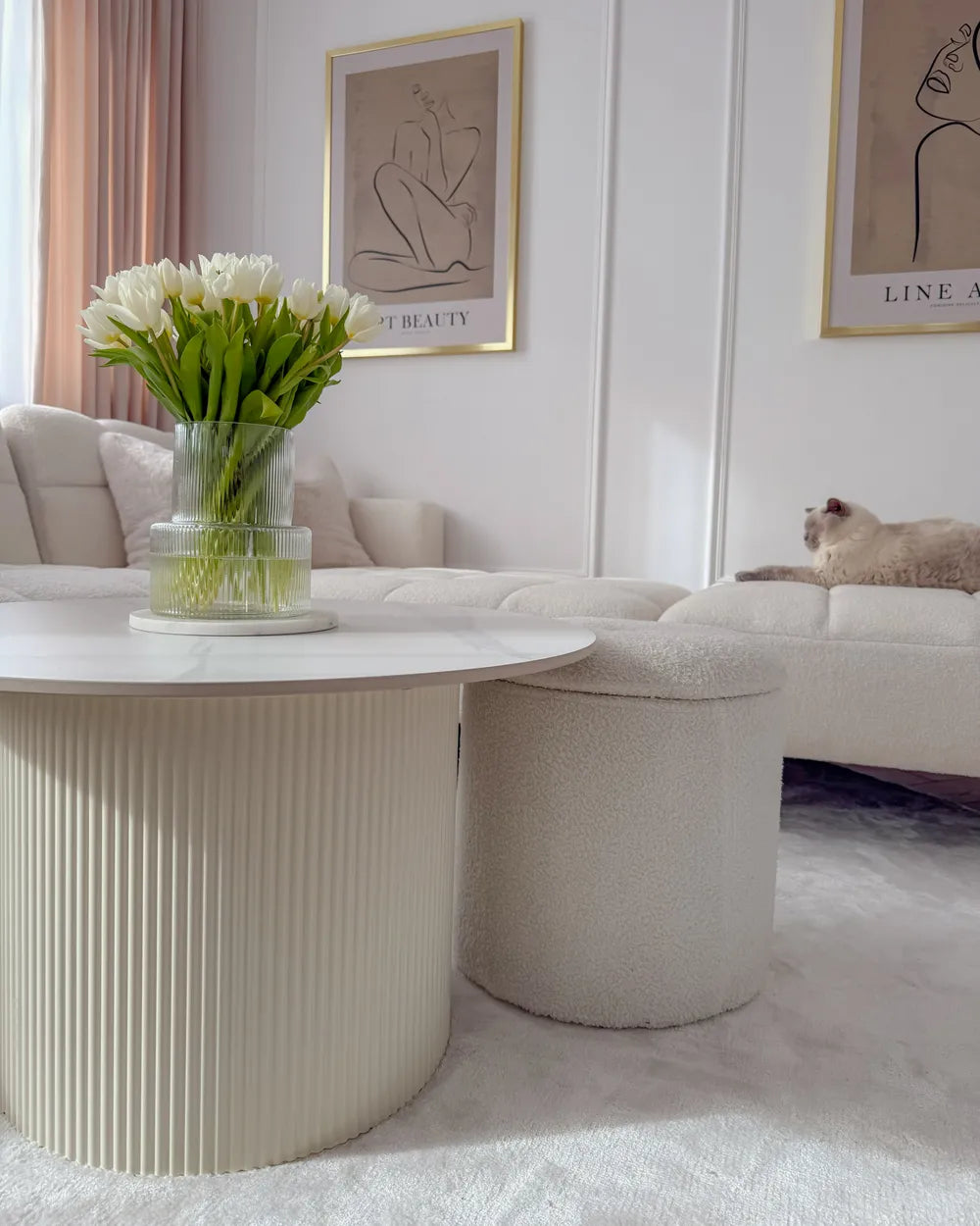 Modern living room with a white coffee table, vase of flowers, and cat on a sofa.