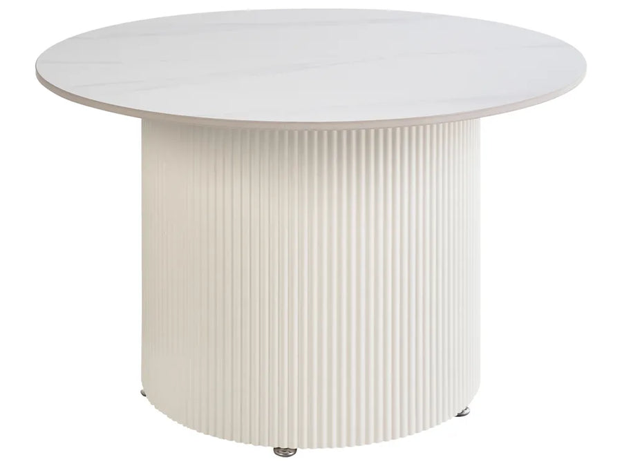 Round white table with ribbed cylindrical base on a white background
