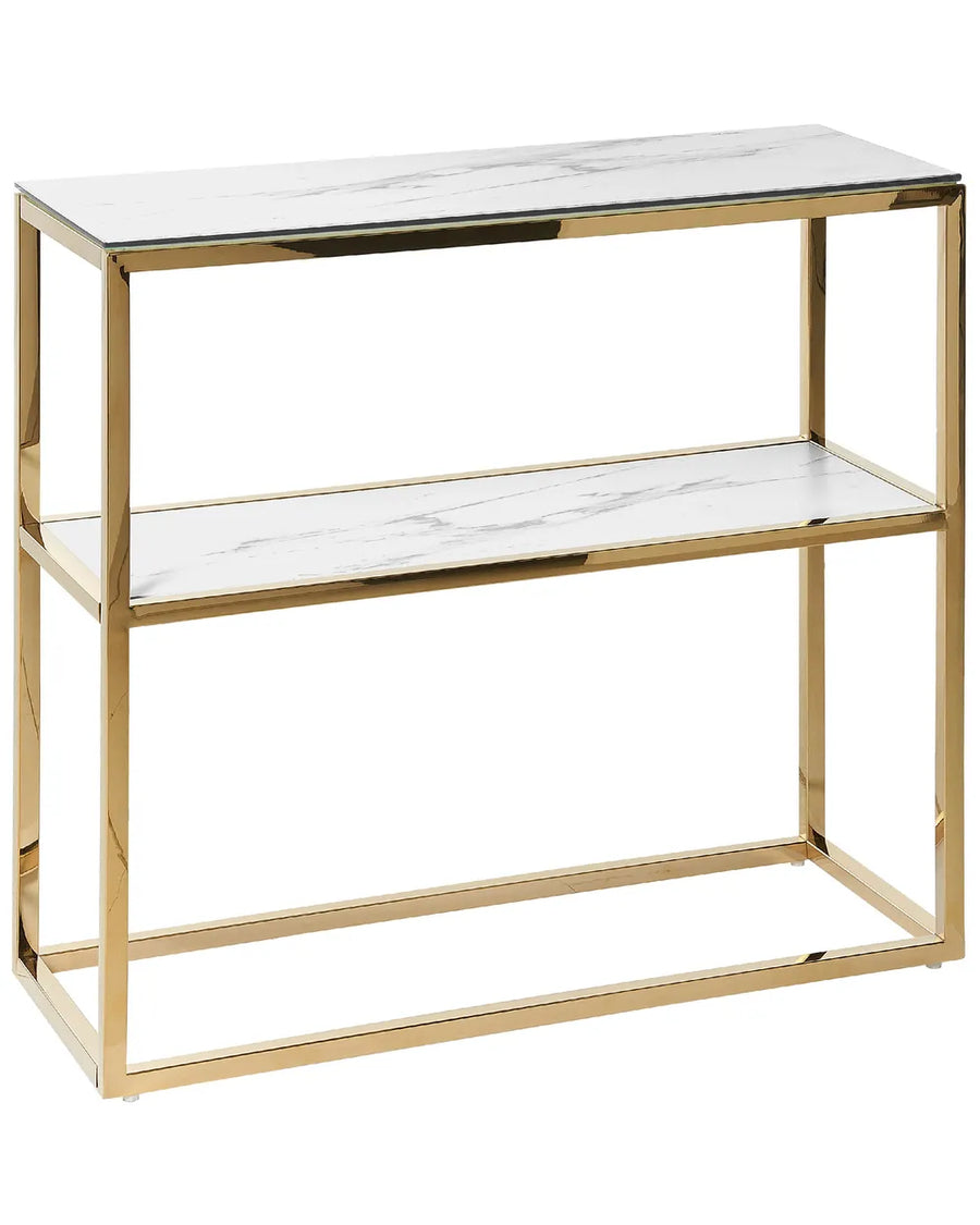 Console table with gold frame and marble-like surface on a white background