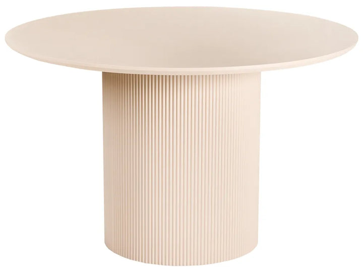 Beige round table with ribbed cylindrical base on a white background