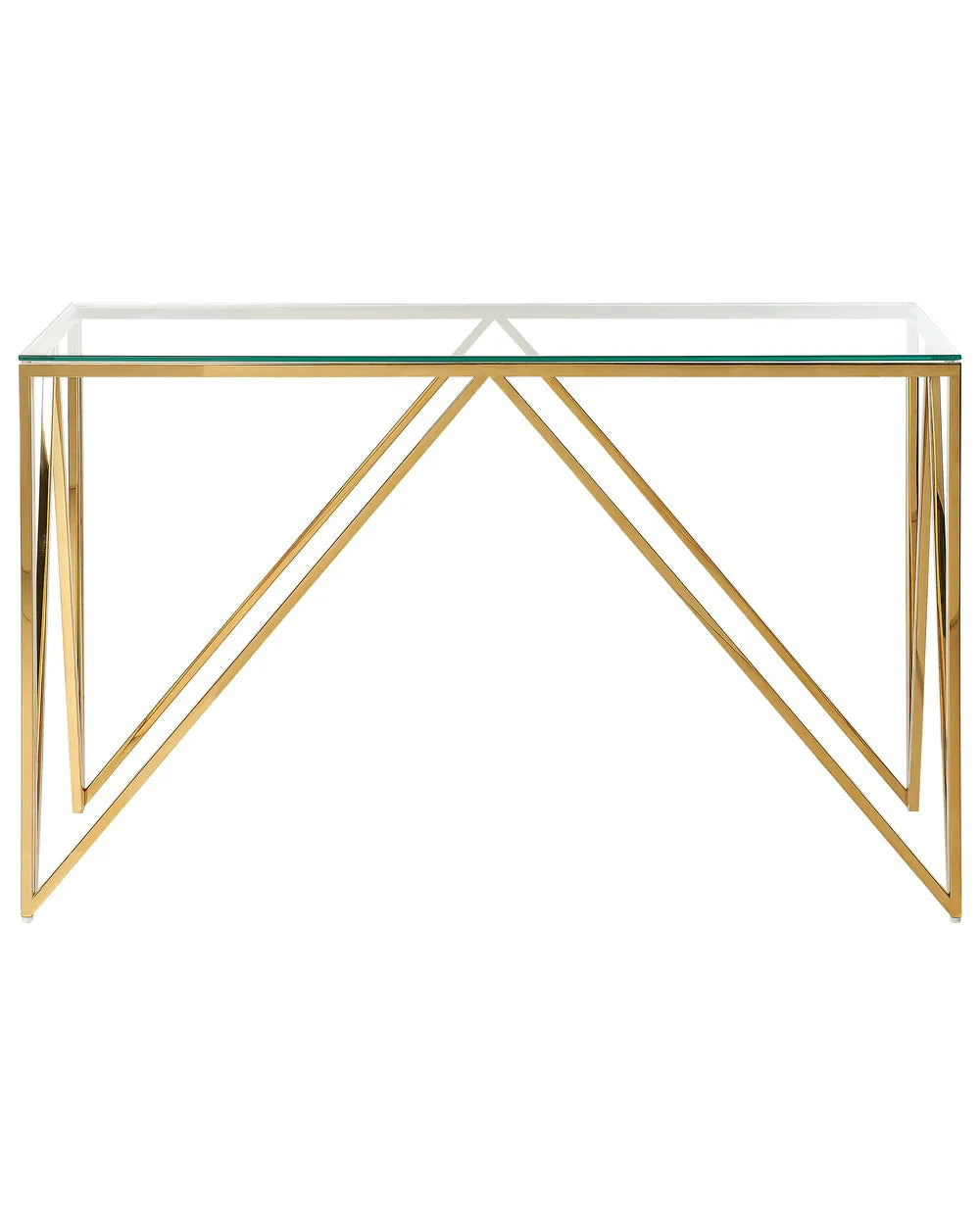 Glass console table with gold metal frame on a white background