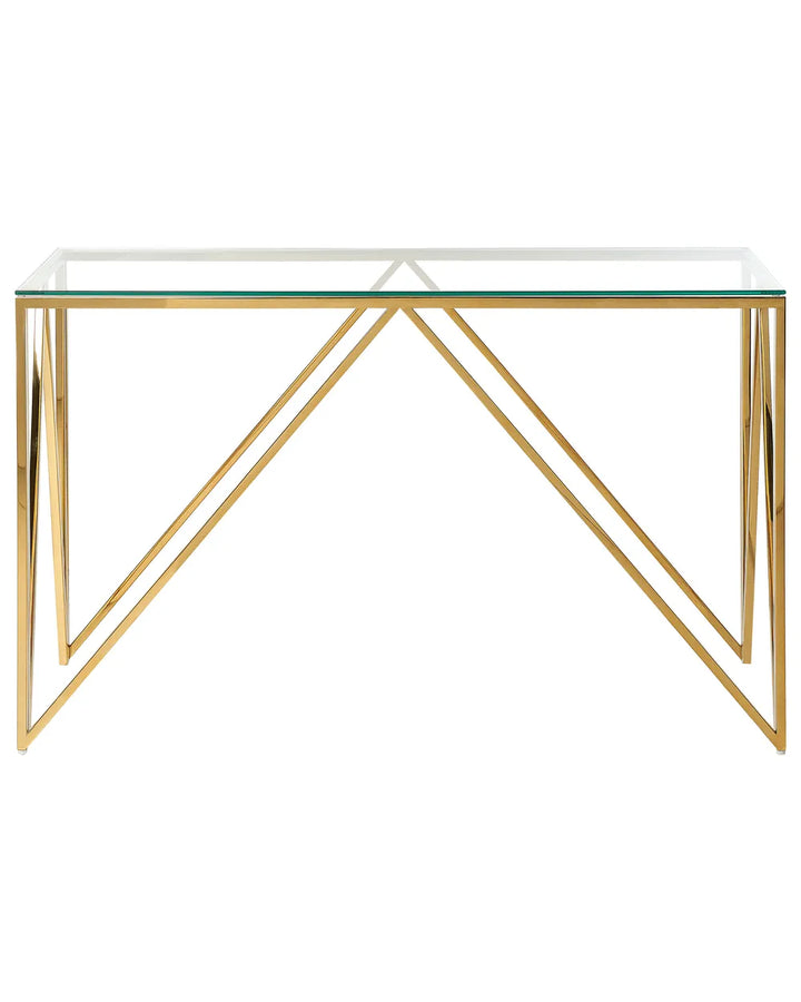 Glass console table with gold metal frame on a white background