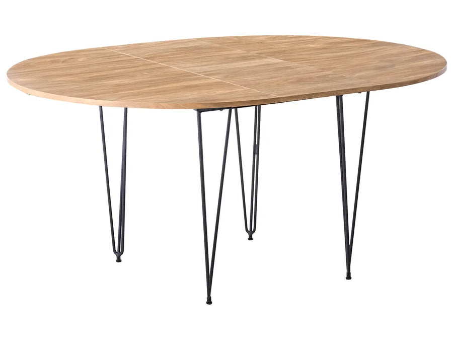 Wooden table with black hairpin legs on a white background