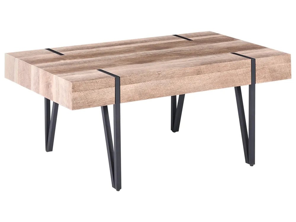 Wooden coffee table with black metal legs on a white background