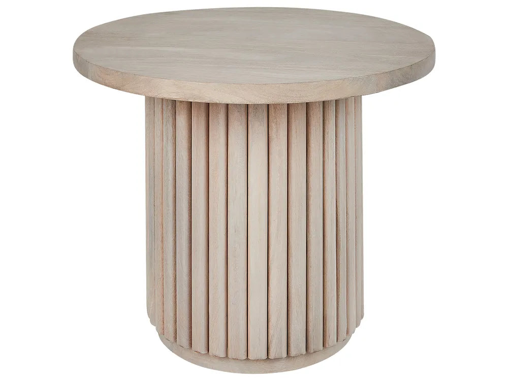 Round wooden table with a cylindrical base on a white background