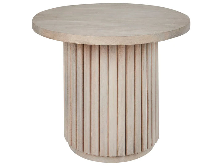 Round wooden table with a cylindrical base on a white background