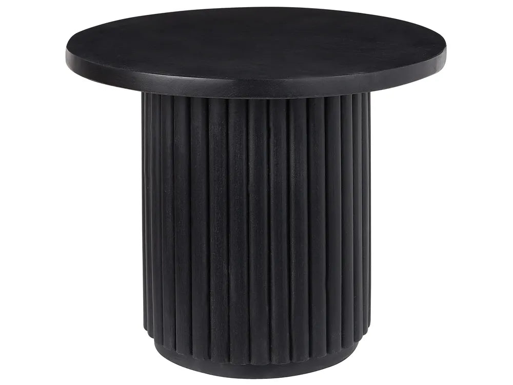 Black round side table with ribbed cylindrical base on a white background