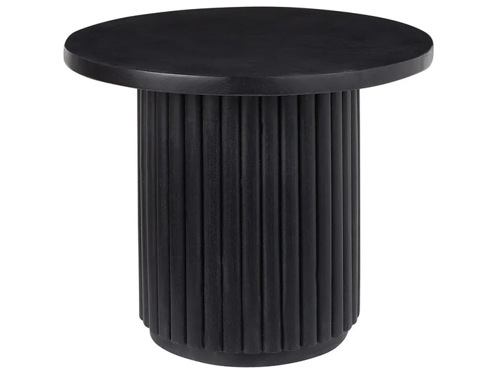 Black round side table with ribbed cylindrical base on a white background