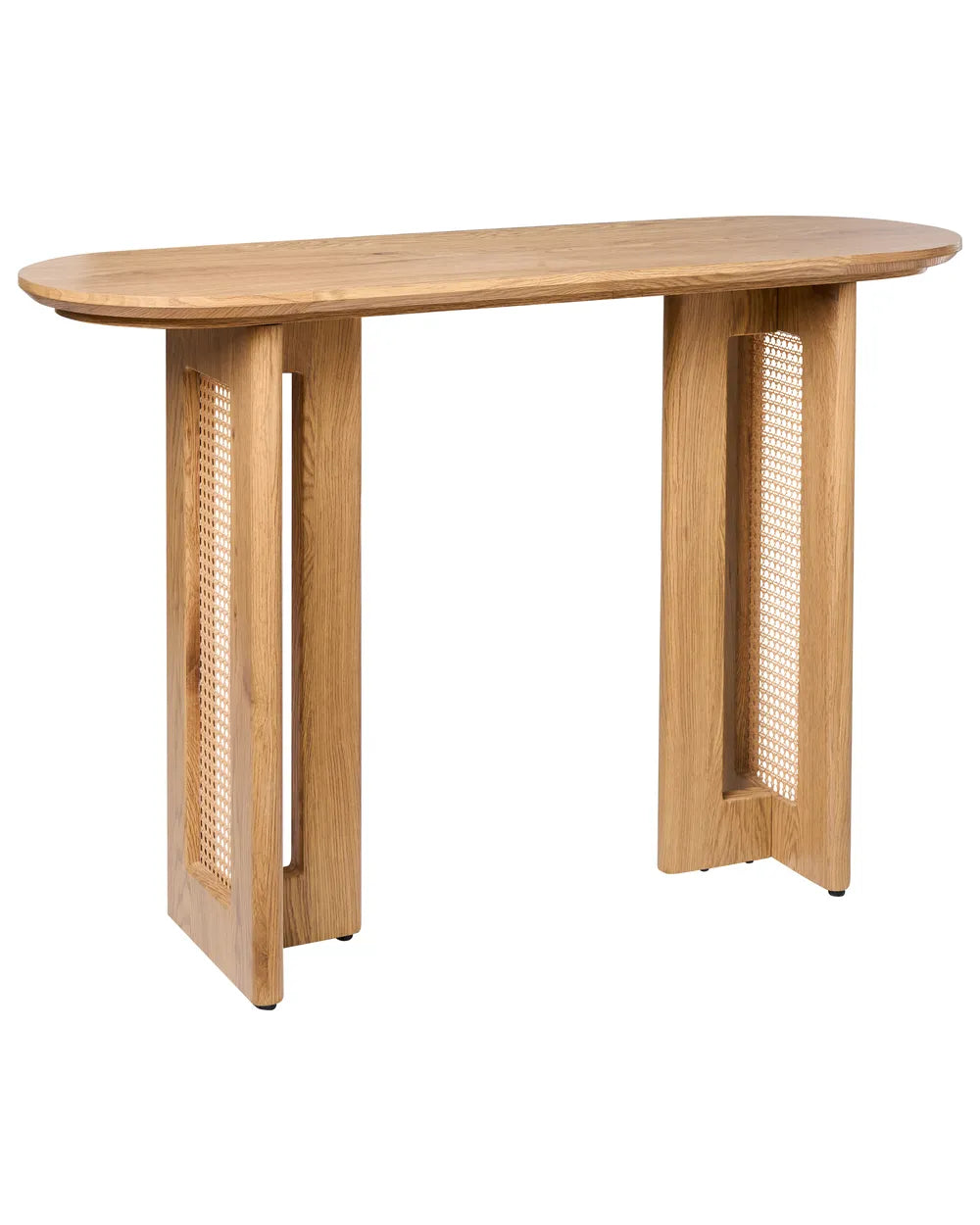 Wooden console table with woven side panels on a white background
