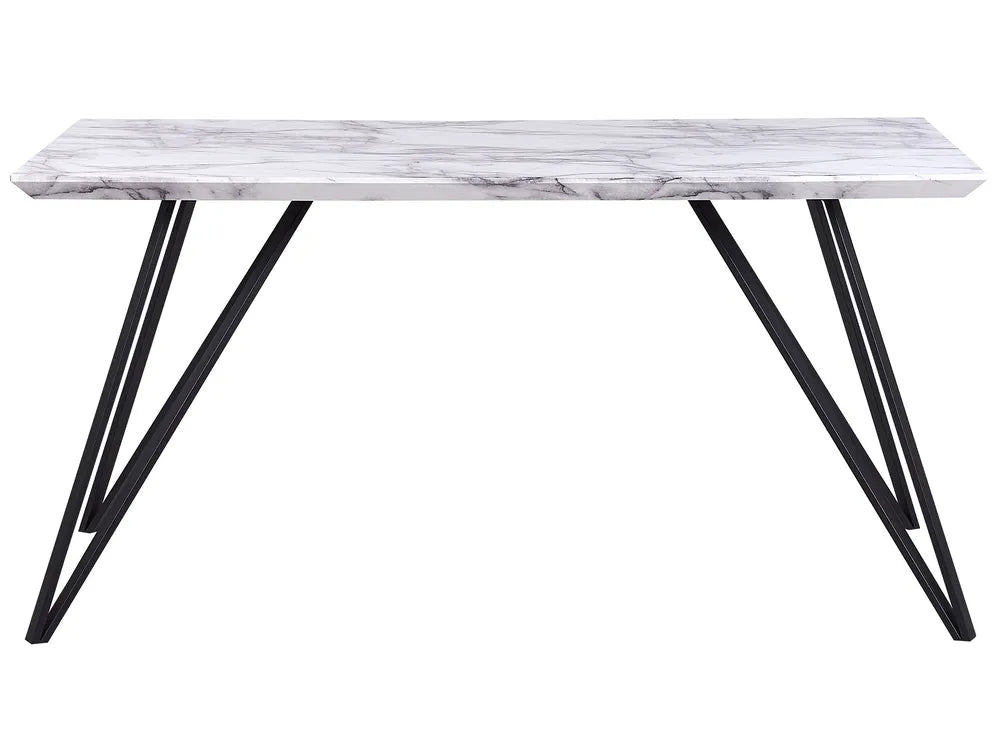 Marble-patterned table with black metal legs on a white background