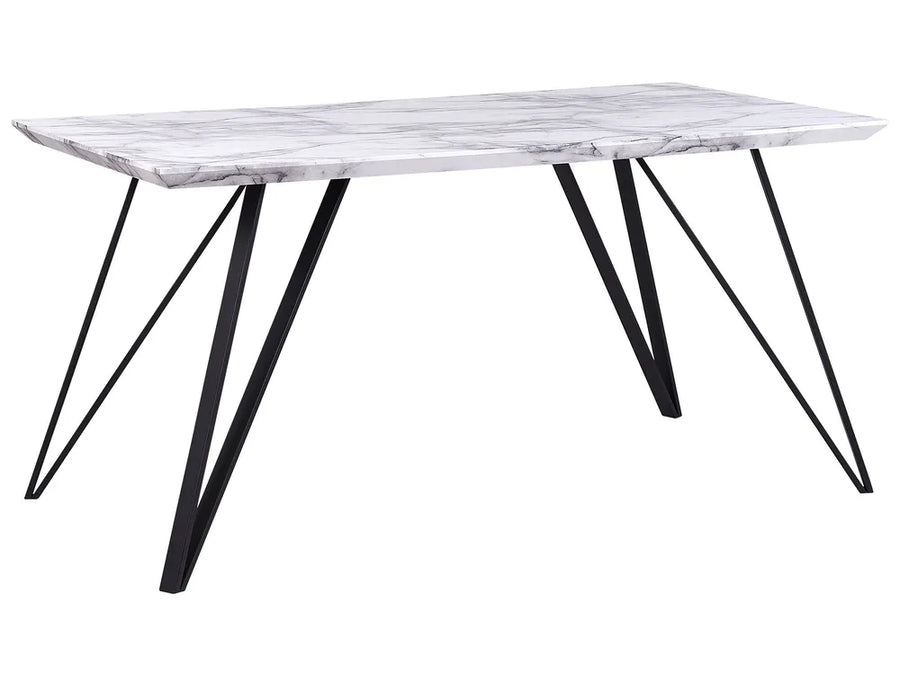 Dining table with marble-like top and black metal legs on a white background