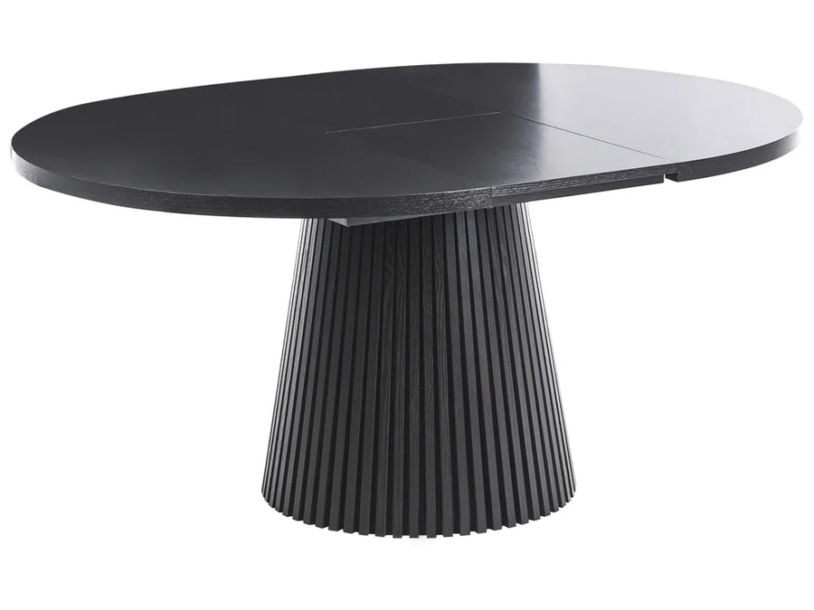 Black round table with a ribbed cylindrical base on a white background