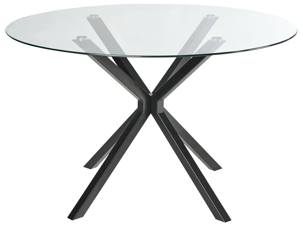 Glass dining table with black metal legs on a white background