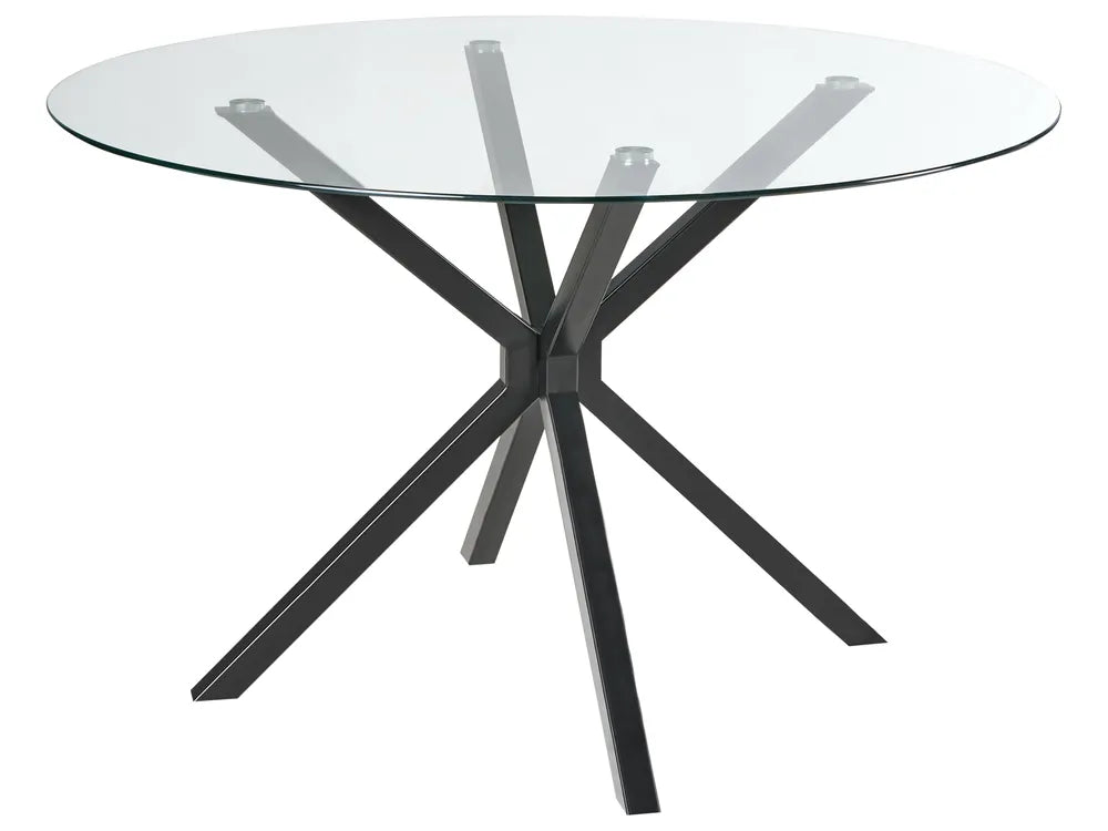 Glass dining table with black metal legs on a white background