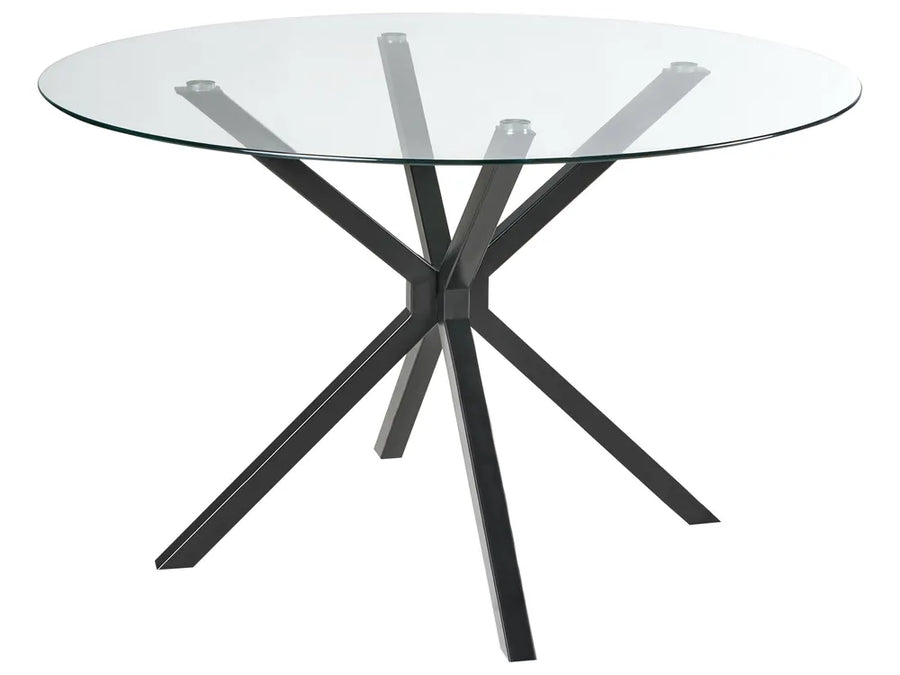 Glass dining table with black metal legs on a white background