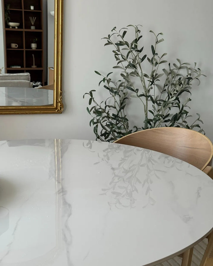 Marble dining table with a plant and chair in a modern interior setting