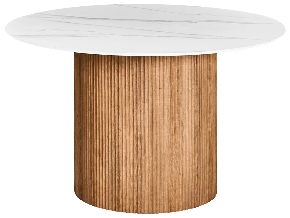 Round table with a white marble top and wooden base on a white background