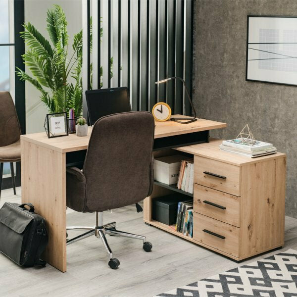 Oak and Black Desk With Drawers Crea