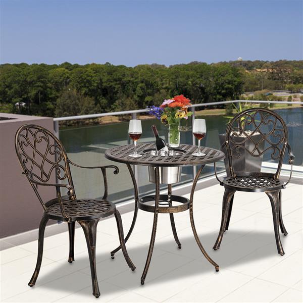 Roscoe Cast Aluminum Outdoor Patio Bistro Set of Table and Chairs with Ice Bucket Bronze