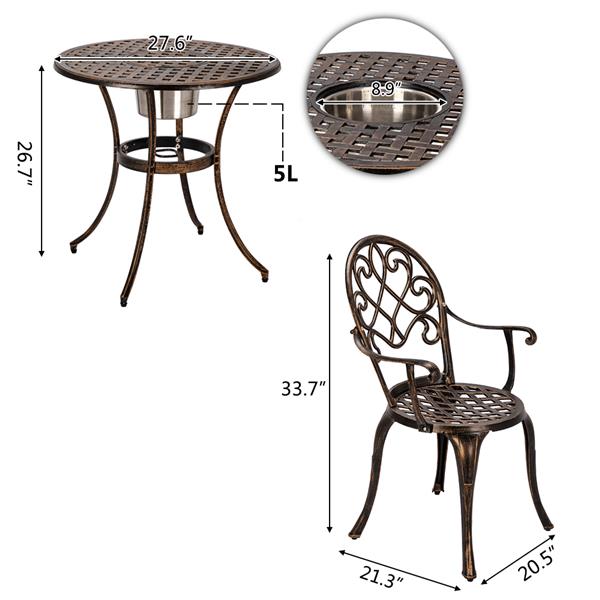 Roscoe Cast Aluminum Outdoor Patio Bistro Set of Table and Chairs with Ice Bucket Bronze