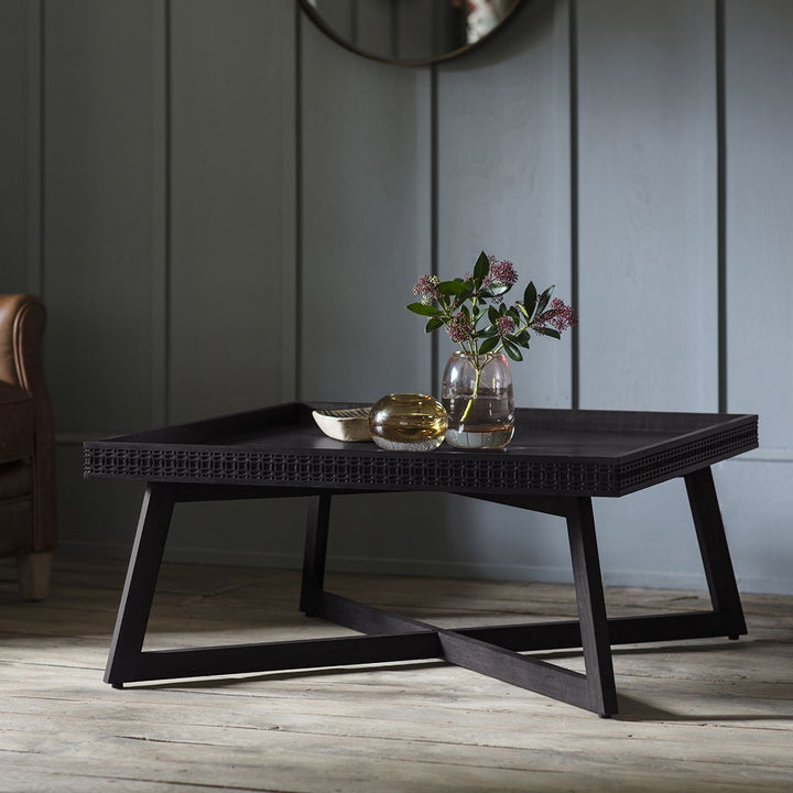 Boho Boutique Black Wood Rustic Square Coffee Table with Carved Inlay Pattern