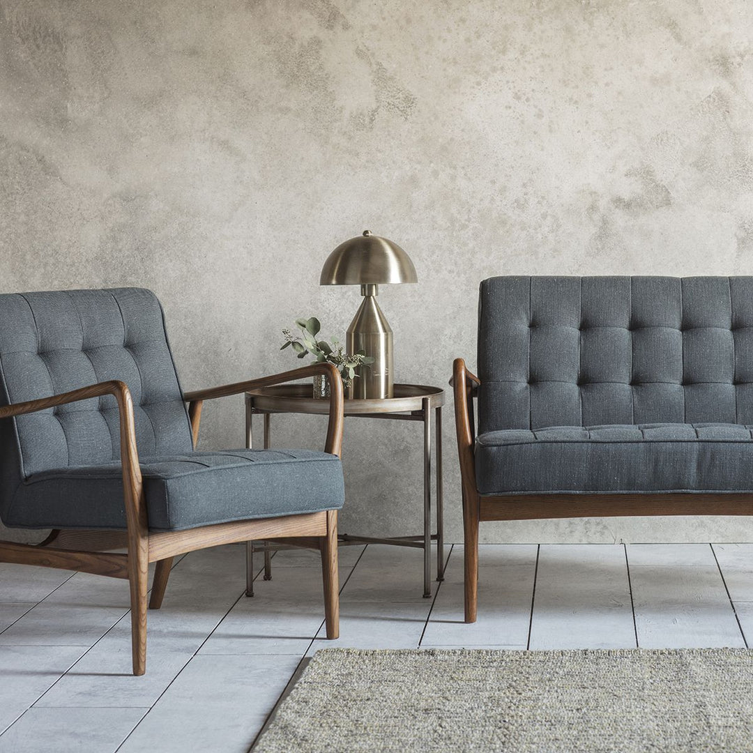 Humber Mid Century Buttoned Armchair with Wooden Arms Dark Grey Linen