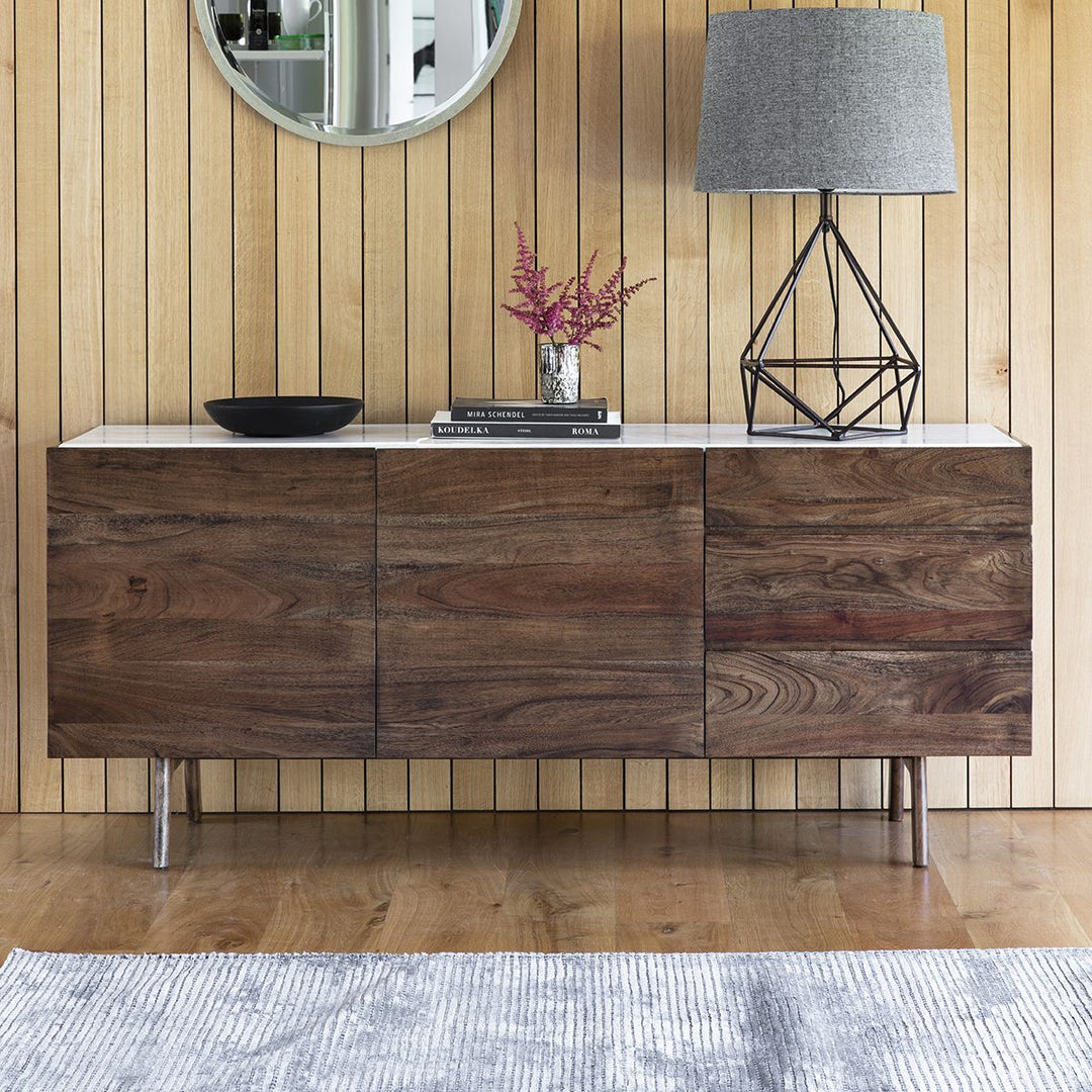 Barcelona Mid-Century Walnut 2 Door 3 Drawer Sideboard with White Marble Top