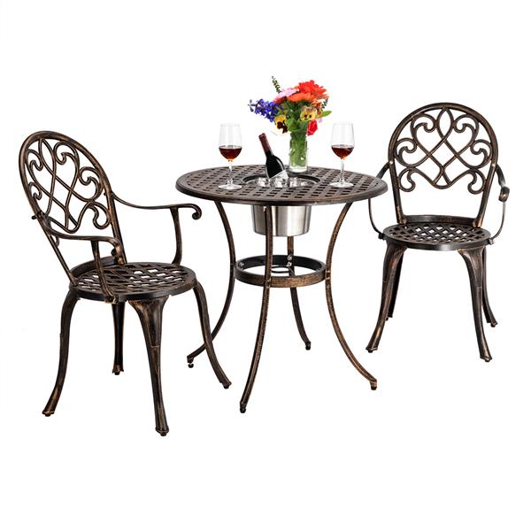 Roscoe Cast Aluminum Outdoor Patio Bistro Set of Table and Chairs with Ice Bucket Bronze