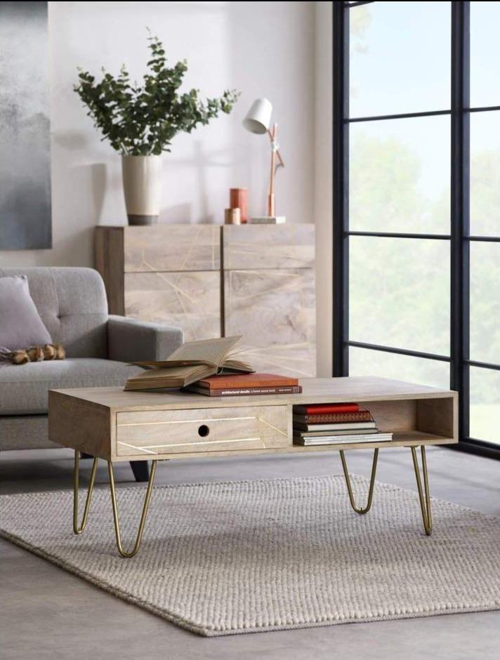 Light Gold Rectangular Coffee Table with Drawer