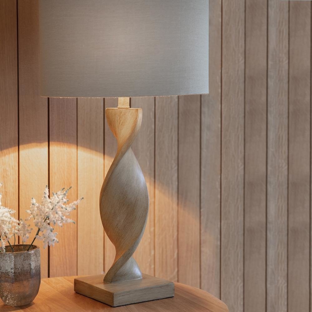Lighting Abia 1lt Table Lamp, Oak Effect & Natural Linen