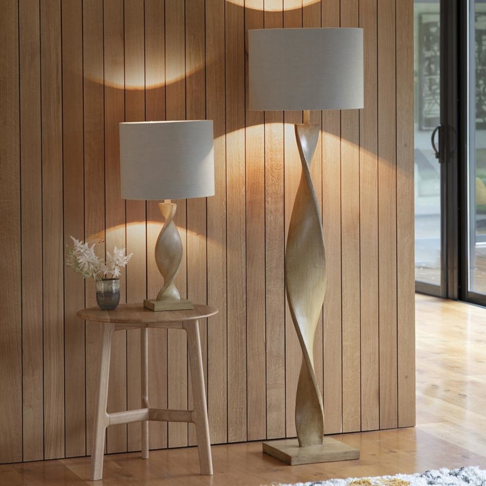 Lighting Abia 1lt Table Lamp, Oak Effect & Natural Linen