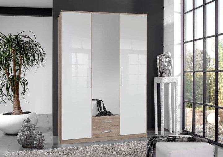 White Gloss And Oak Effect 3 Door / 2 Drawer Wardrobe Breylynn