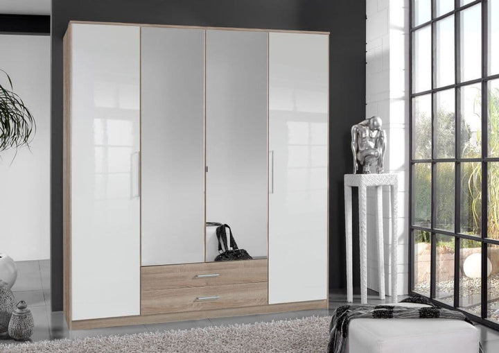 White Gloss And Oak Effect 4 Door Wardrobe Breylynn