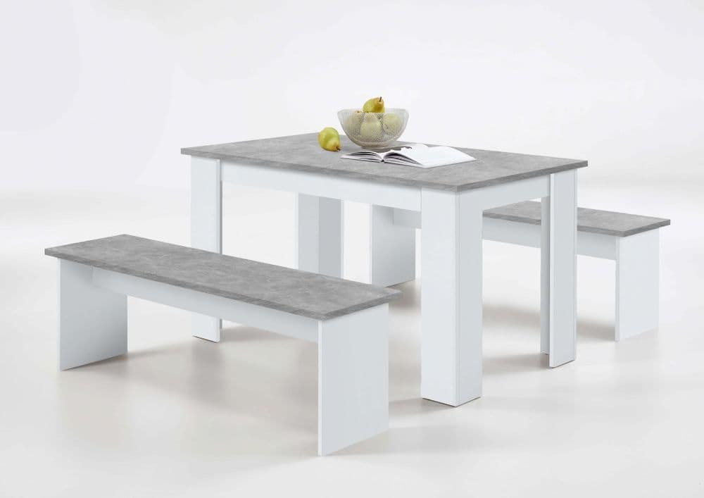 White & Concrete Grey Dining Table With Bench Seats Carliana