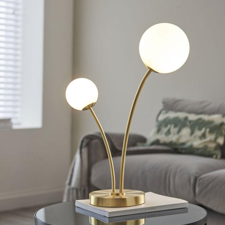 Bloom Two Light Table Lamp in Satin Brass & Opal Glass