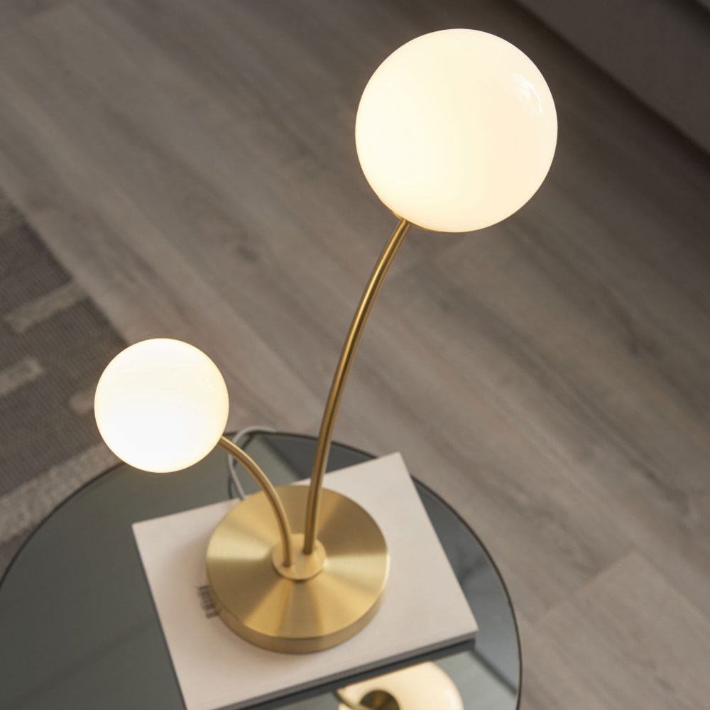 Bloom Two Light Table Lamp in Satin Brass & Opal Glass