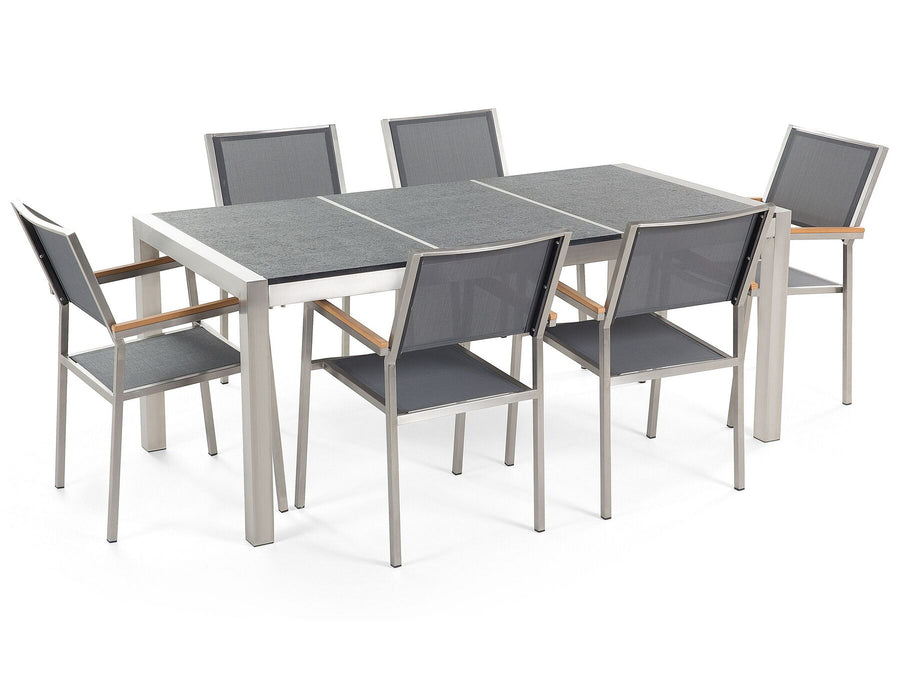 Grosseto 6 Seater Garden Dining Set Black Granite Top Synthetic Chairs 