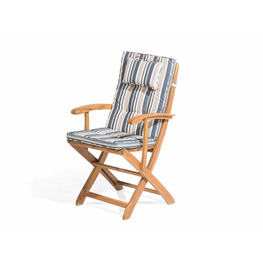 Maui 8 Seater Acacia Wood Garden Dining Set with Beige Parasol and Blue Stripes Cushions