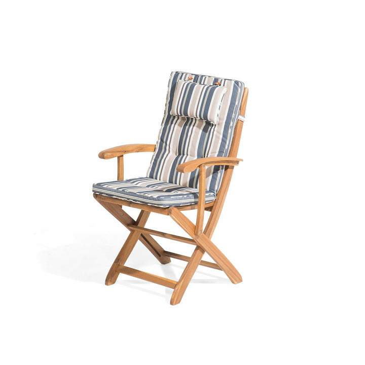 Maui 8 Seater Acacia Wood Garden Dining Set with Beige Parasol and Blue Stripes Cushions