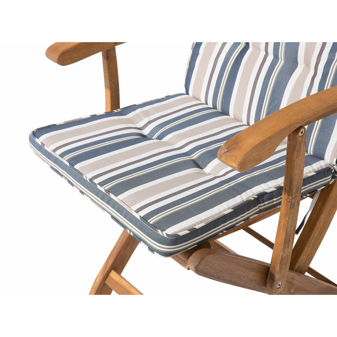 Maui 8 Seater Acacia Wood Garden Dining Set with Beige Parasol and Blue Stripes Cushions