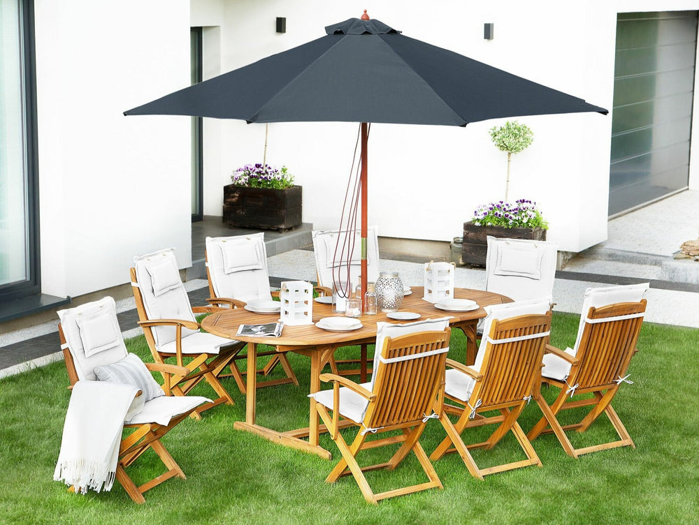 Maui 8 Seater Acacia Wood Garden Dining Set with Grey Parasol and Beige Cushions 