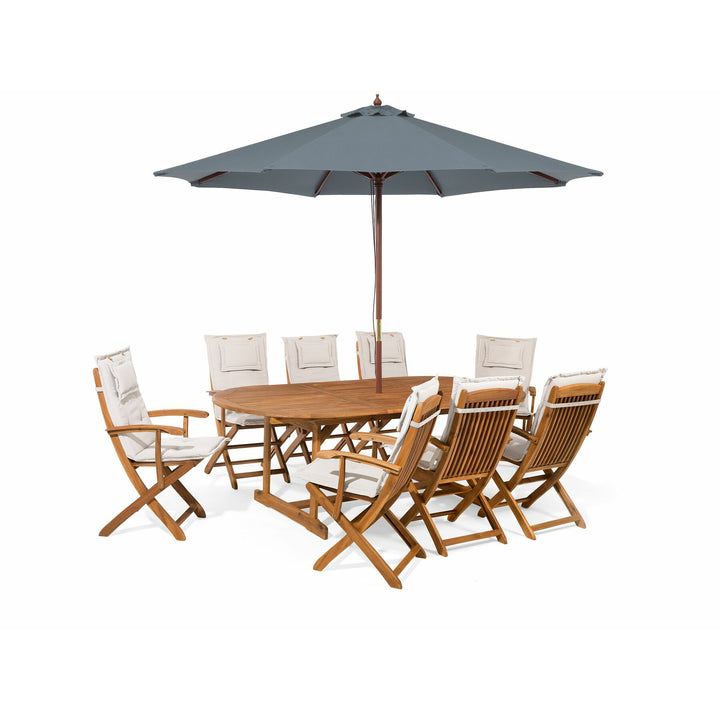 Maui 8 Seater Acacia Wood Garden Dining Set with Grey Parasol and Beige Cushions 