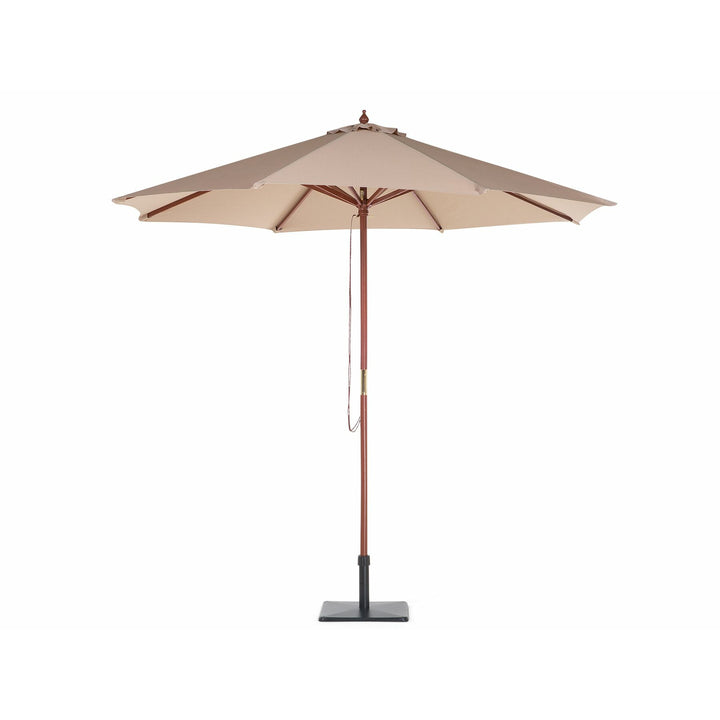 Maui 8 Seater Acacia Wood Garden Dining Set with Beige Parasol and Blue Stripes Cushions