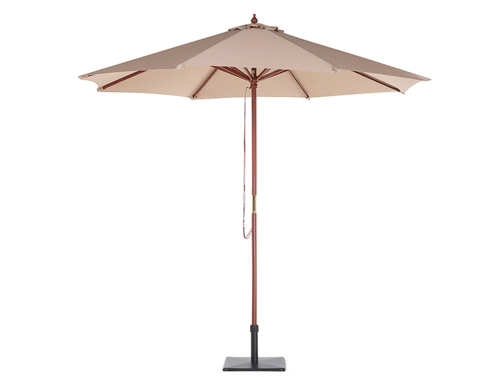 Maui 8 Seater Acacia Wood Garden Dining Set with Beige Parasol and Blue Stripes Cushions