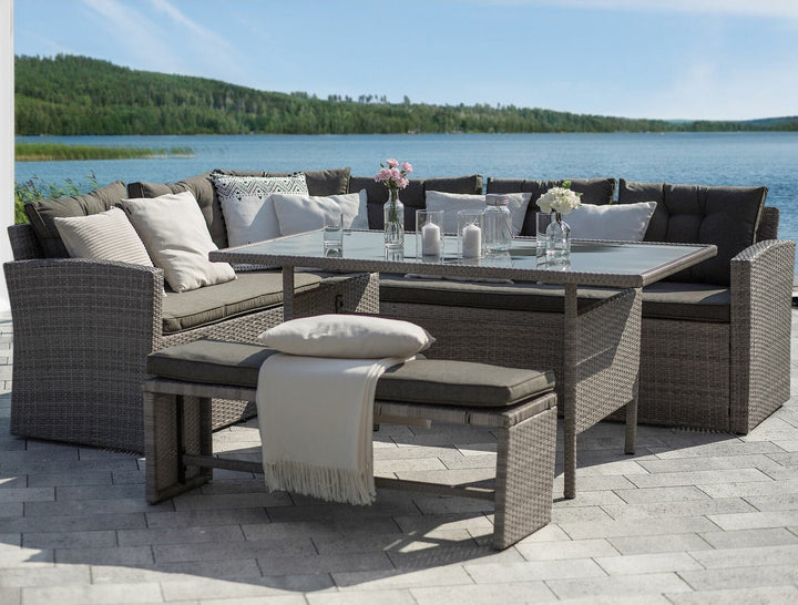 Viterbo Left Hand 8 Seater PE Rattan Garden Corner Sofa Set Grey 