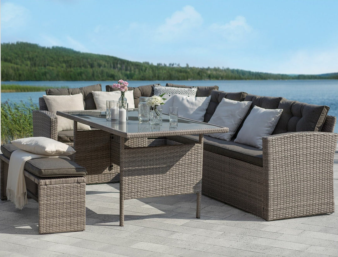 Viterbo Left Hand 8 Seater PE Rattan Garden Corner Sofa Set Grey